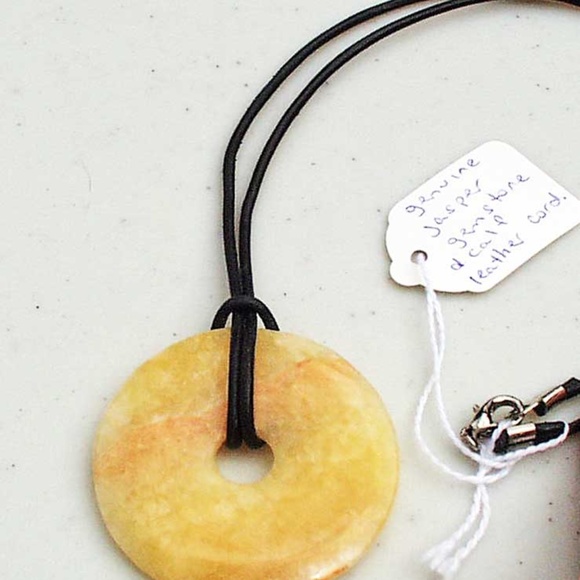 YELLOW JASPER DONUT GEMSTONE NECKLACE, CALF LEATHER CORD, 26 INCHES LONG, LIGHT - Picture 2 of 2